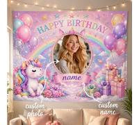Tapisserie photo d'anniversaire personnalisée, bannière murale avec nom personnalisé pour filles, enfants, femmes. Toile de fond d'anniversaire personnalisée avec thème papillon, licorne, couronne, ba