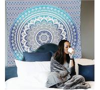 Tapisserie Tenture murale, Tissu Murale Tapisserie Bleu et Blanc- 150x200cm Boho Bohemian Maison Décoration Murale de Plage en Coton