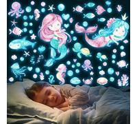 Tarklanda Autocollants muraux phosphorescents Sirène Décor de plafond lumineux Décoration sous-marine poissons de l'océan pour chambre d'enfant filles, chambre de bébé, décor mural bleu