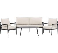 Tarominasalon 1 canapé, 2 fauteuils, 1 table basse noire.