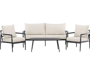 Tarominasalon 1 canapé, 2 fauteuils, 1 table basse noire.