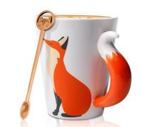 Tasse à café 3D avec cuillère - Motif renard - 360 ml - En céramique - Pour Noël, anniversaire, anniversaire de mariage - Pour enfants