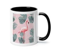 Tasse à café de voyage en céramique avec poignée, motif flamant rose et feuilles de palmier d'été, 325 ml, passe au micro-ondes