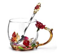 Tasse à café - Émail - Rose rouge - 9x13CM - Avec cuillère - Cadeau pour maman