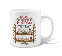 Tasse à café en céramique avec citation « Holiday Tea Time » - 325 ml | Biscuit en pain d'épices, tasse à thé, branches de pin, thème de boisson confortable, décoration de cuisine saisonnière