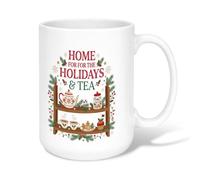 Tasse à café en céramique avec citation « Holiday Tea Time » - 445 ml | Biscuit en pain d'épices, tasse à thé, branches de pin, thème de boisson confortable, décoration de cuisine saisonnière