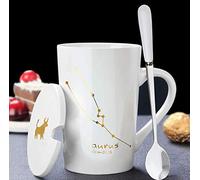 Tasse à café en céramique avec couvercle et cuillère 12 constellations, tasse à lait 420 ml, cadeau personnalisé, personnalisable, personnalité, tasse en céramique (Taurus, Blanc)