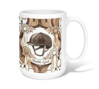 Tasse à café en céramique avec motif casque d'équitation vintage avec ruban et fleurs, marron, idéale pour les amis, la famille, les collègues, les personnes âgées, les personnes âgées, 425,2 g