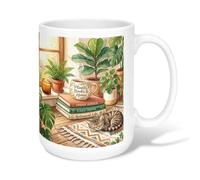 Tasse à café en céramique avec motif de plantes, livre botanique, chat, vert printemps, tasse à thé fantaisie avec poignée, idéale pour l'amitié, la famille, les collègues, les professeurs, 425,2 g