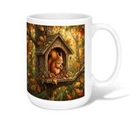 Tasse à café en céramique avec motif écureuil, illustration de la nature, oiseaux et feuilles d'automne marron, tasse fantaisie avec poignée, idéale pour les amis, la famille, les amoureux, les