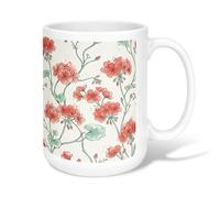 Tasse à café en céramique avec motif floral, feuilles fantaisistes, tiges printanières, rouge, tasse à boire de bureau avec poignée, idéale pour les amis, la famille, les amoureux, les personnes âgées
