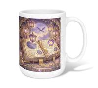Tasse à café en céramique avec motif livre - Lanterne fantaisie - Étoile d'automne - Violet - Avec poignée - Idéal pour l'amitié, la famille, les collègues, les professeurs - 445 ml