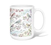Tasse à café en céramique avec motif oiseaux, fleurs naturelles, branches printanières, pastel, tasse à thé fantaisie avec poignée, idéale pour les amis, la famille, les amoureux, les personnes âgées