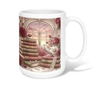 Tasse à café en céramique avec motif rose, théière romantique vintage, livre de printemps, tasse à boire avec poignée, idéale pour l'amitié, la famille, les collègues, les enseignants, le personnel