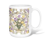 Tasse à café en céramique avec motif tulipes - Motif floral printanier - Oiseaux et papillons - Violet - Avec poignée - Idéal pour les amis, la famille, les collègues de travail, les personnes âgées