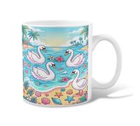Tasse à café en céramique avec poignée Motif cygnes et fleurs tropicales d'été Bleu 325 ml