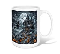 Tasse à café en céramique avec poignée - Motif maison hantée - Style gothique - Citrouilles sombres - Sorcière d'Halloween - Noire - Idéale pour les amis, la famille, les collègues, les personnes