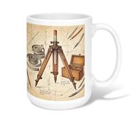 Tasse à café en céramique avec trépied - Boussole industrielle vintage - Ruban à mesurer - Marron - Avec poignée - Idéal pour les amis, la famille, les collègues, les enseignants, les couples, les