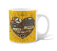 Tasse à café en céramique en forme de cœur, musique rétro avec bobine de microphone à bobine, tasse à thé fantaisie jaune d'été avec poignée, idéale pour les amis, la famille, les amoureux, les