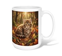 Tasse à café en céramique motif chat, feuilles fantaisistes, pommes de pin, marron, tasse à boire avec poignée, idéale pour l'amitié, la famille, les collègues, le personnel, les professeurs, 425,2 g