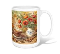 Tasse à café en céramique motif coquelicot - Style rustique vintage - Tasse à cannelle - Orange - Avec poignée - Idéale pour les amis, la famille, les collègues, les enseignants, les couples, les