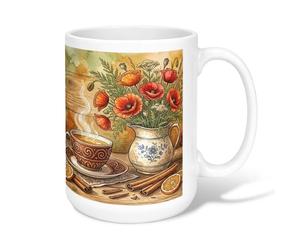 Tasse à café en céramique motif coquelicot - Style rustique vintage - Tasse à cannelle - Orange - Avec poignée - Idéale pour les amis, la famille, les collègues, les enseignants, les couples, les