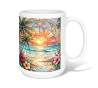Tasse à café en céramique motif coucher de soleil tropical, fleur de palmier, orange, fantaisie, tasse de travail avec poignée, idéale pour l'amitié, la famille, les collègues, les professeurs, 445 ml