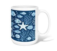 Tasse à café en céramique motif étoile de mer, poisson nautique, corail, bleu d'été, tasse à thé fantaisie avec poignée, idéale pour les amis, la famille, les personnes âgées, les collègues de travail