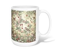 Tasse à café en céramique motif fraises, fleurs naturelles printanières, oiseaux, vert printemps, tasse à thé fantaisie avec poignée, idéale pour l'amitié, la famille, les collègues, les enseignants