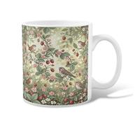 Tasse à café en céramique motif fraises, fleurs naturelles printanières, oiseaux, vert printemps, tasse à thé fantaisie avec poignée, idéale pour l'amitié, la famille, les collègues, le personnel, les