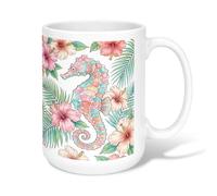 Tasse à café en céramique, motif hippocampes, feuilles de palmier, hibiscus tropical, pêche d'été, tasse à thé fantaisie avec poignée, idéale pour les amis, la famille, les amoureux, les personnes