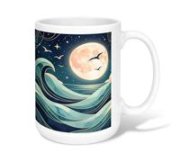Tasse à café en céramique motif lune, vagues artistiques nocturnes, oiseaux, bleu nuit, tasse à boire de bureau avec poignée, idéale pour les amis, la famille, les amoureux, les personnes âgées, les