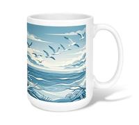 Tasse à café en céramique motif mouettes minimalistes côtières, vagues de l'océan, bleu d'été, tasse fantaisie avec poignée, idéale pour les amis, la famille, les collègues de travail, les personnes