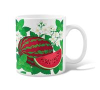 Tasse à café en céramique motif pastèque, feuilles de menthe tropicales, fleurs blanches, vert d'été, tasse fantaisie avec poignée, idéale pour les amis, la famille, les collègues, les enseignants