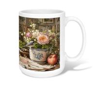 Tasse à café en céramique motif rose, vintage, rustique, oiseaux, fruits, pêche, tasse à thé fantaisie avec poignée, idéale pour les amis, la famille, les collègues, les personnes âgées, les personnes