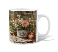 Tasse à café en céramique motif rose, vintage, rustique, oiseaux, fruits, pêche, tasse à thé fantaisie avec poignée, idéale pour les amis, la famille, les collègues, les enseignants, les couples, les