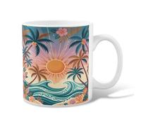 Tasse à café en céramique motif soleil tropical, vagues de palmier, bleu d'été, tasse fantaisie pour chocolat chaud avec poignée, idéale pour les amis, la famille, les collègues, les personnes âgées