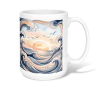 Tasse à café en céramique motif soleil, vagues artistiques, oiseaux, été, bleu, tasse à thé fantaisie avec poignée, idéale pour les amis, la famille, les collègues, les personnes âgées, les personnes