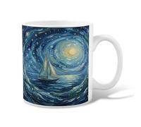 Tasse à café en céramique motif voilier, impressionnisme, artistique, étoiles, lune, été, bleu, tasse de bureau fantaisie avec poignée, idéale pour les amis, la famille, les amoureux, les personnes