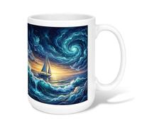 Tasse à café en céramique motif voilier, paysage marin, vagues impressionnistes, mouettes, bleu, tasse fantaisie avec poignée, idéale pour l'amitié, la famille, les collègues, le personnel, les