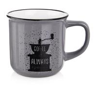 Tasse à café en céramique - ORION - 370 ml - Gris - Décor moulin à café - Lave-vaisselle - Micro-ondes - Diamètre 9 cm