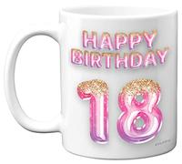 Tasse à café en céramique pour 18e anniversaire pour femme - Ballons à paillettes roses et violets - Tasse d'anniversaire pour fille de 18 ans, sœur, petite-fille, cousine, amie, 325 ml - Passe au