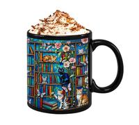 Tasse à café en céramique - Tasse de bibliothèque - Tasse chat - 350 ml - Résistante à la chaleur - Couleur vive - Cadeau pour les amateurs de livres - Pour thé, café, chocolat chaud - Pour la maison