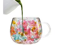Tasse à café en verre à double paroi - 250 ml - Avec motif floral coloré - Avec - Pour boissons chaudes et froides, eau potable, thé, whisky, bière, bureau, bar et