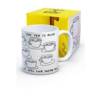 Tasse à café humoristique David Shrigley - Coffret cadeau fantaisie de Noël ou d'anniversaire pour homme et femme - Design Tea is Alive Art vendu exclusivement par Brainbox Candy