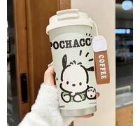Tasse à café isotherme Sanrio Pochacco avec fond vert menthe et sangle de poignet, en acier inoxydable, avec couvercle, conception pour deux boissons, et durable Acier inoxydable