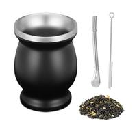 Tasse à Matém, Set de Thé Maté, set de Gobelets en Acier Inoxydable, avec Paille et Brosse de Nettoyage, Double paroi, 230ml, pour une Utilisation Dans les Foyers, Restaurants et Hôtels, Noir