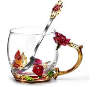 Tasse à Thé Avec Cuillère, 330ml Verre Rose Papillon émail, Cadeau pour Femme, Maman pour Anniversaires et La Fête des Mères