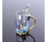 Tasse à thé en émail avec motif floral, tasse à thé en verre avec cuillère, tasse à café à motif floral, tasse à thé antique (bleu-haut)