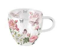 Tasse à thé en verre double paroi papillons et fleurs Roses
